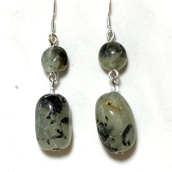 2/$20, Genuine Dark Green Tumbled Prehnite Sterling Silver Hook Dangle Earrings - Picture 1 of 11